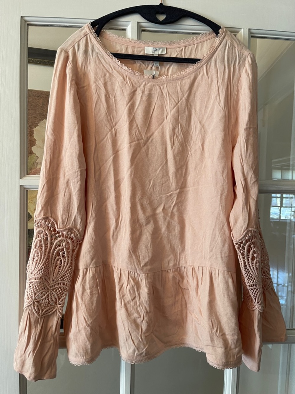 NWT Joie Emelda Bell Sleeve Lace Peplum Blouse in primrose blush pink